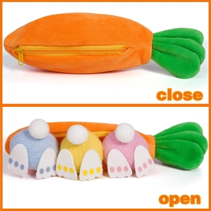 Easter creative carrot zipper plush pouch featuring three colorful bunny dolls inside