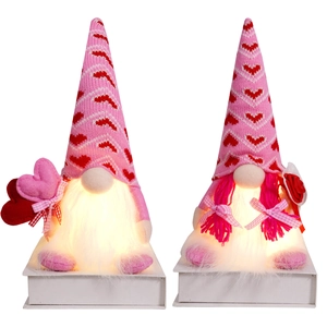 Paire de gnomes de la Saint-Valentin lumineux avec chapeaux roses et effet de lumière