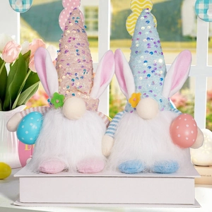 Lighted Easter gnomes with rabbit ears, sequin hats and polka dot eggs for home decor