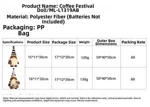 Detailed spec sheet for LED coffee gnomes showing 30-32cm height and material details