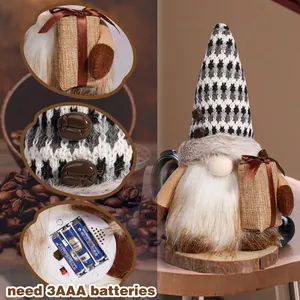 Light-up coffee gnome ornament with plaid knitted hat and gift box decoration