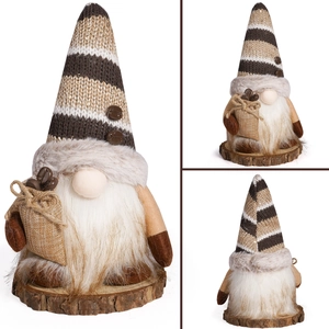 Three-view detail of a glowing coffee gnome with a striped hat and mini burlap bean bag