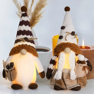 Charming LED lighted coffee gnomes set with striped hats and tiny burlap sacks for decor