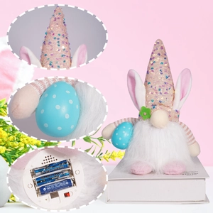 Lighted Easter Bunny Gnome with pink sequin hat and polka dot egg decoration
