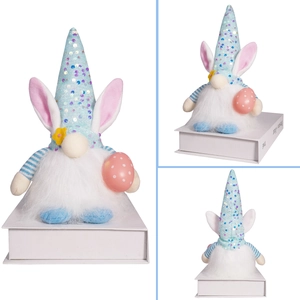 Front, side, and back views of an Easter gnome plush with rabbit ears and sequin hat