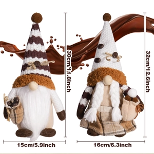 Set of two coffee gnomes with knitting hats and LED lights, 30-32cm tall decorative plush