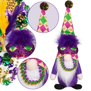 Mardi Gras gnome plush with purple feather mask and green gold glitter hat decoration