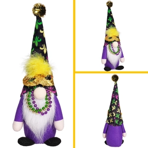 Three-sided view of Mardi Gras gnome with purple plush body and fleur-de-lis sequin mask