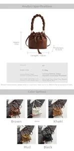 Detailed size chart and multi-color options for quilted PU leather bucket bag