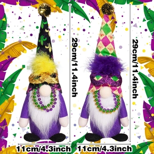 Pair of Mardi Gras gnomes with sequin masks and beads, festive 29cm holiday ornaments