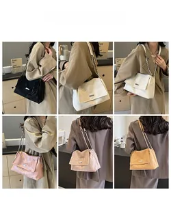 Collage of chic pleated leather shoulder bags with elegant metal chain strap for women