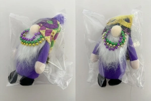 Detail of Mardi Gras gnome plush showing diamond pattern hat and triple color beads