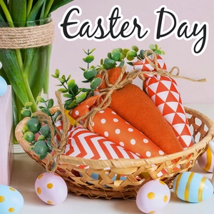 Detailed view of handmade fabric Easter carrots and colorful eggs in a woven basket