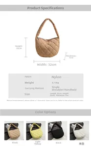 Detailed size chart and multi-color options for quilted nylon tote bag with 32cm width