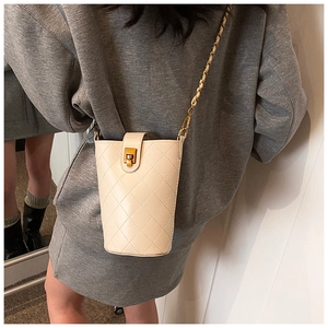 Detailed view of quilted beige bucket bag with gold clasp and chain shoulder strap