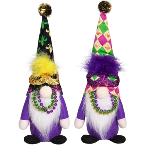 Pair of Mardi Gras faceless gnomes with purple, green and gold sequins and beads