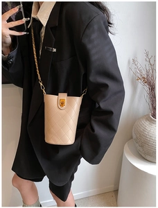 Detail of beige quilted bucket bag with gold clasp and chain strap on a model