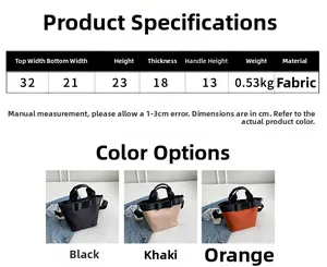 Detailed size chart and color options for large capacity fabric tote handbag