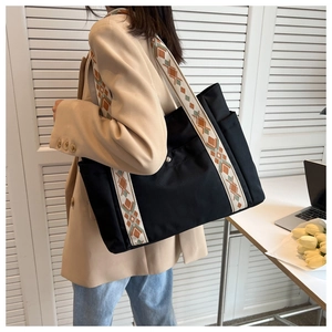 Macro detail of nylon tote bag with ethnic geometric pattern strap for daily commute
