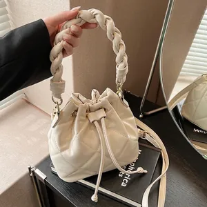 Women PU Leather Quilted Rhombic Bucket Bag With Braided Handle Drawstring Crossbody Shoulder Bag Retro Fashion