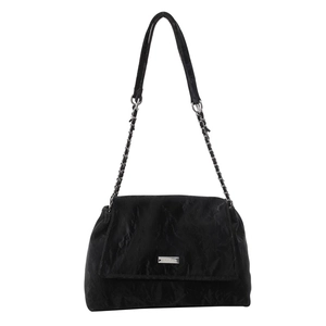 Classic black tote bag with ruched texture, silver chain strap, and MIKAXIU logo plate