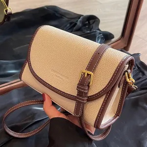 Sac Bandoulière Rétro En Cuir PU À Grain De Litchi Pour Femmes Avec Large Bandoulière Jacquard Petit Sac Carré