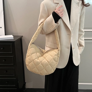 Quilted beige nylon hobo bag for women with minimalist style and large capacity