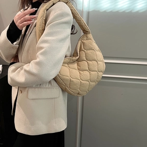 Quilted beige nylon hobo bag with moon shape and crossbody strap for women