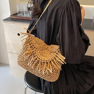 Bohemian Straw Woven Shoulder Crossbody Bag With Tassel Fringe Summer Beach Vacation Style Large Capacity