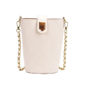 Elegant off-white quilted bucket bag with gold chain strap and vintage metal buckle closure