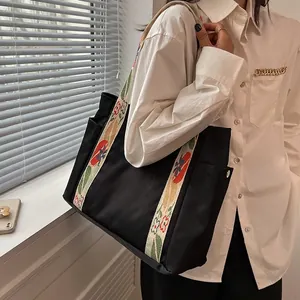 Women Nylon Tote Bag Large Capacity Chic Wide Embroidered Strap Ethnic Style Commuter Shoulder Handbag For School