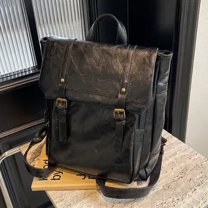 Damen Vintage PU Leder Rucksack Große Kapazität Retro Britischen Stil Klappe Reise Rucksack Schulranzen Bronze Beschläge