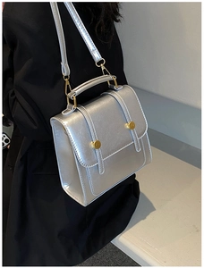 Silver metallic box crossbody bag with gold cylindrical locks shown on a black outfit