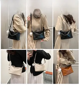 Detailed multi-angle view of retro bucket bag with plush charm in three colors
