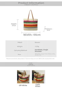 Detailed sizing chart and specifications for the rainbow woven straw tote bag with dimensions