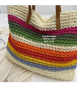 Close-up of woven multi-color striped tote bag texture with leather handle details