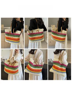 Detailed views of a large woven tote bag with colorful stripes and leather straps