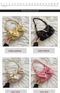 Detail view of bow-shaped handbags in yellow, black, white, and pink with pearl chains
