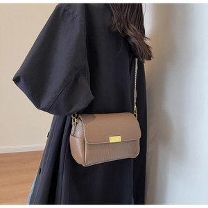 Detail of brown litchi grain leather crossbody bag with golden buckle and woven strap