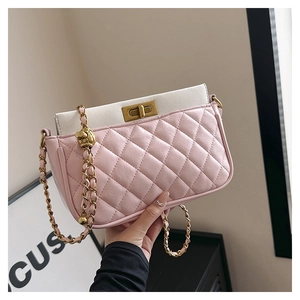 Summer pink and white quilted PU leather crossbody bag with golden chain and ball buckle