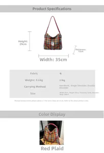 Detailed view of checkered tote bag with R embroidery and 35x29x12cm size specifications