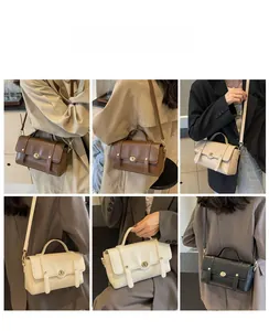 Collage de sacs à bandoulière carrés chics en noir, beige et marron montrant divers portés