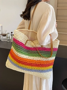 Large Woven Straw Tote Bag Rainbow Striped Summer Beach Vacation Shoulder Handbag With Leather Straps For Women
