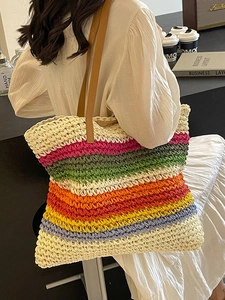 Rainbow striped woven tote bag with large capacity and brown leather shoulder straps