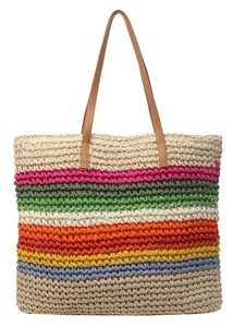 Colorful striped woven tote bag with brown leather handles for summer travel and commuting