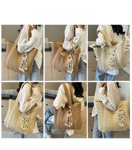 Detail view of woven straw tote bags with bohemian tassels in dark coffee and beige cream