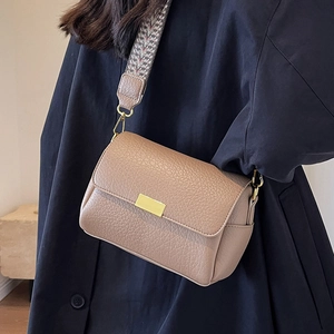 Minimalist camel crossbody square bag with lychee texture and wide patterned strap