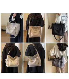 Multiple views of large canvas tote bags with flap pockets and versatile straps