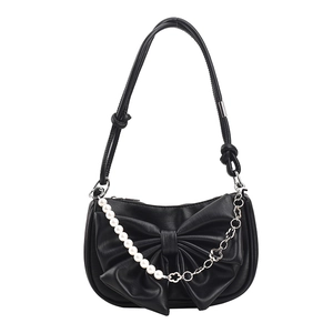 Chic black underarm bag with large bow and pearl metal chain decoration