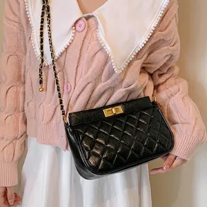Quilted PU Leather Shoulder Bag For Women French Retro Style Crossbody Bag With Golden Ball Chain Strap Elegant Handbag